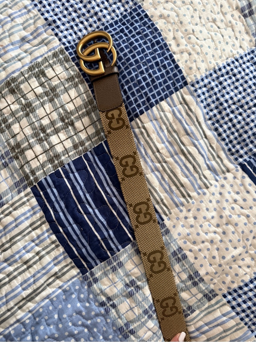 Gucci Brown GG Monogram Web Belt with Gold Double G Buckle
